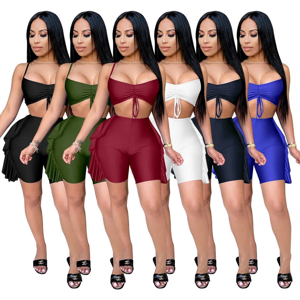 

amazon 2021 spaghetti strap crop top ruffles shorts bodycon sexy women summer 2 piece outfit, 6 colors