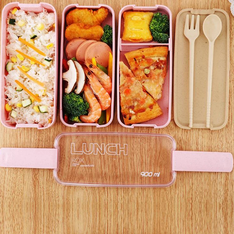 

100% Food Grade Material Wheat Straw With Spoon And Fork Collapsible Portable Lunch Box Bento