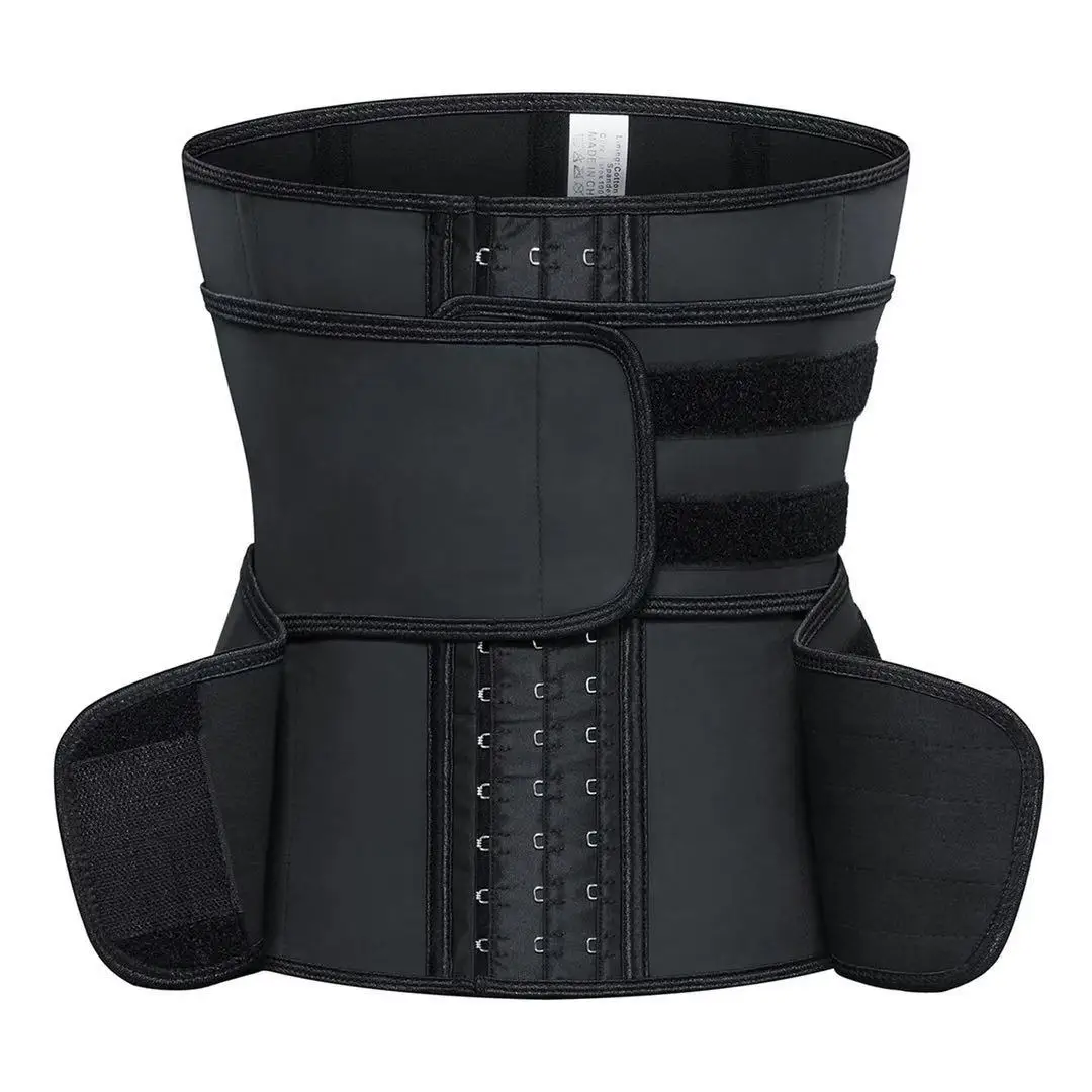 

Custom Logo 2021 New Design 2 In 1 Latex Black Extreme Power Double Betls Corset Compression Waist Trainer With Three Rows Hook