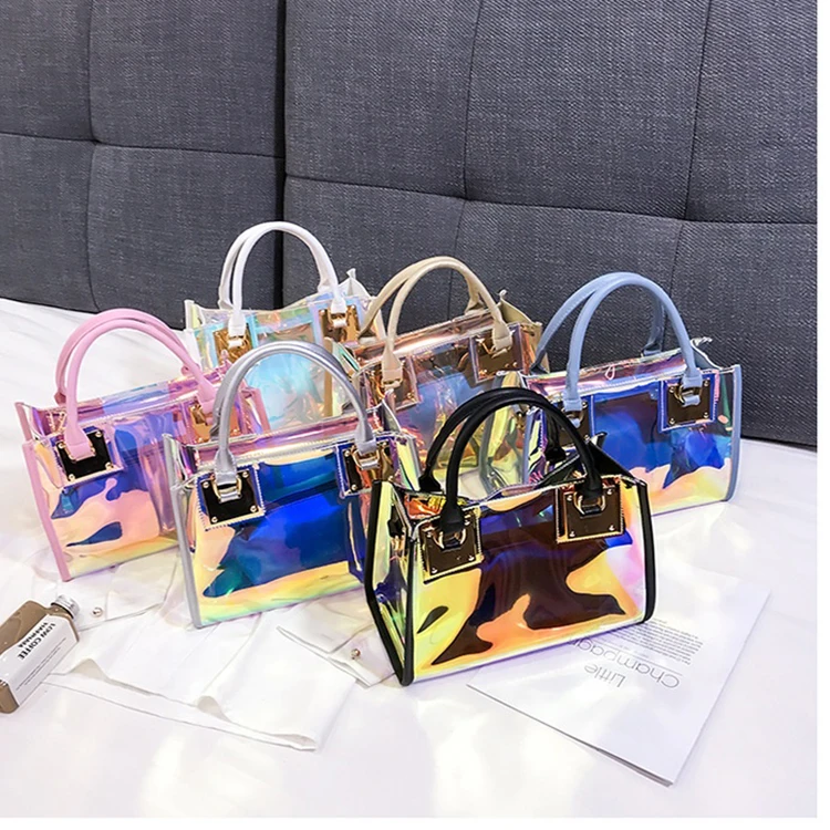 

Fashion Big Capacity Holographic Waterproof Transparent Tote Bag Clear Pvc Jelly Bags Handbags Women Handbags Ladies
