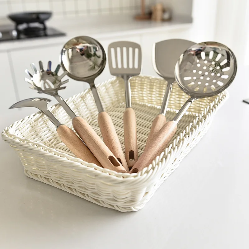 

Anti-ironing Wooden Handle Stainless Steel Spatula 6 Pcs Set Thickening Cooker for Household, Silver+wood