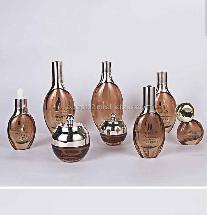 Luxury Cosmetic glass bottle set -- skincare container manufacturer--aluminum pump&spray&oval details