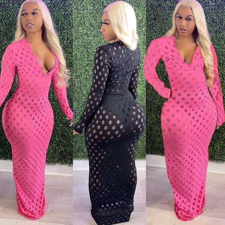 

mesh Dress Women Sexy Deep V-neck Female solid color hollow out Hot Summer Clothing long dresses, Black