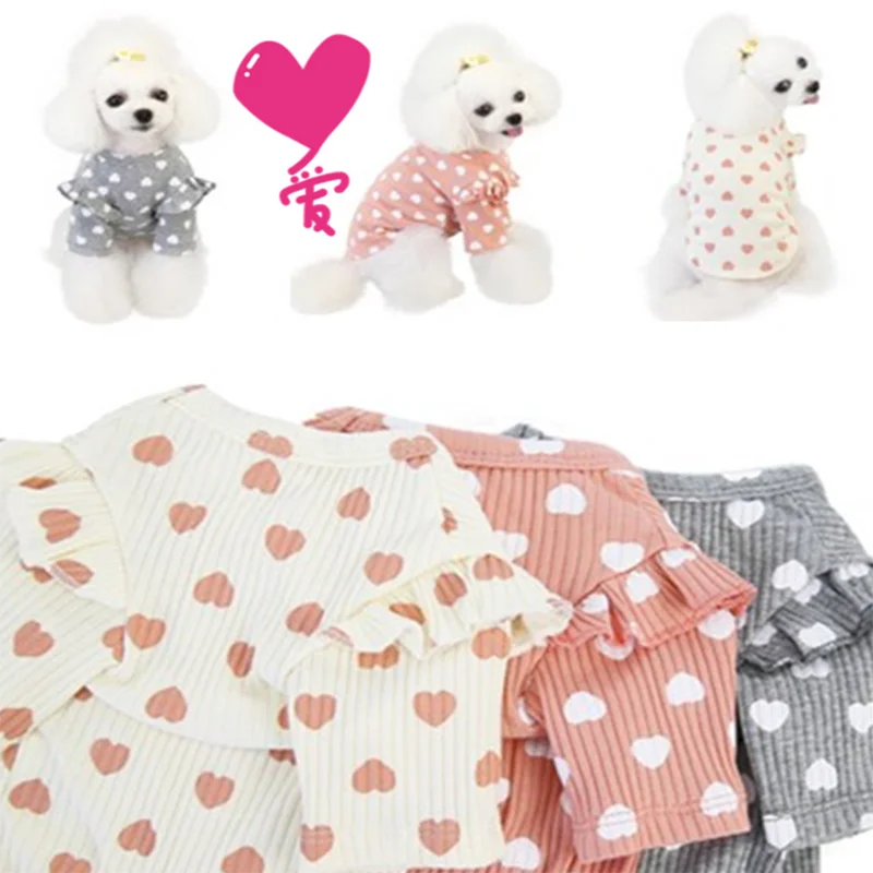 

Wholesales Pet Clothes Stretchy Heart Printed Pure Cotton Bottom Shirt Freshness Puppy Short Sleeve T-shirt Drop Shipping, White,pink,grey