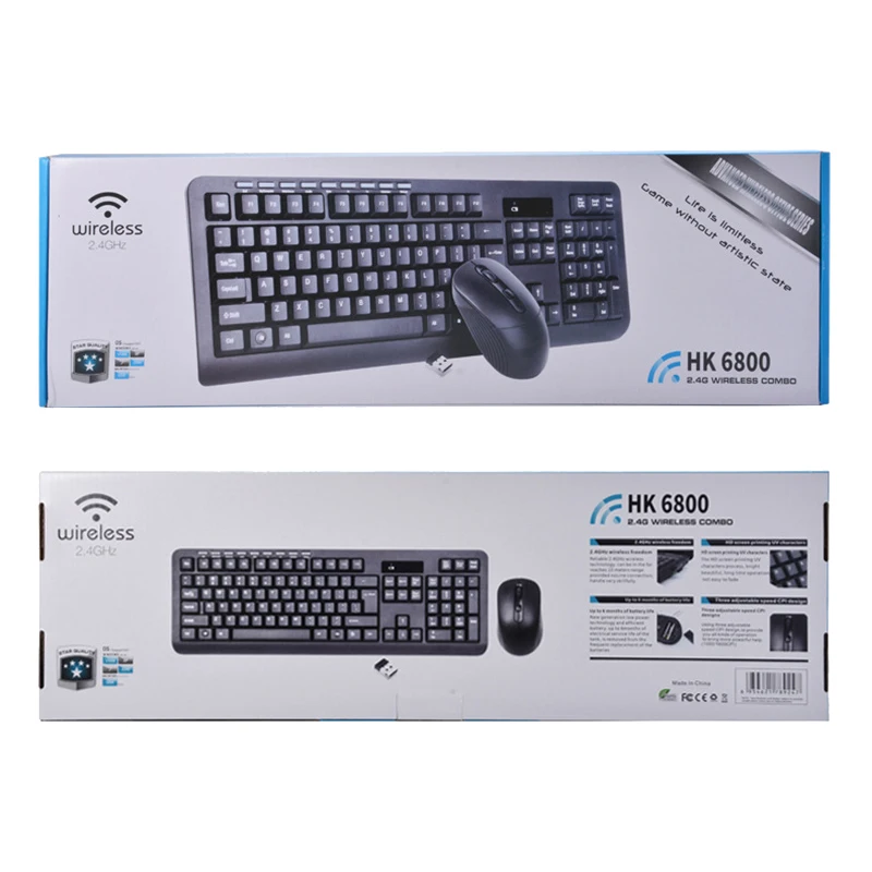 

HK6800 Portable Flat Quiet Ergonomic Full Size 104 Keys 2.4GHz USB Wireless PC Keyboard and Mouse Combo, Black white