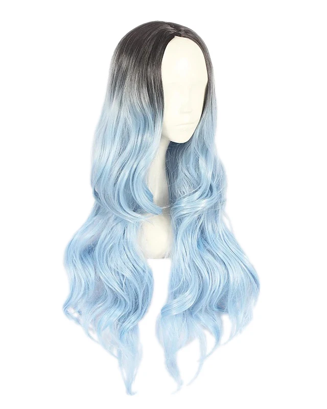 

Black Gradient Light Blue Mid-length Bangs Long Curly Hair Lolita Harajuku Princess Sweet High Temperature Silk COS Wig, Pic showed