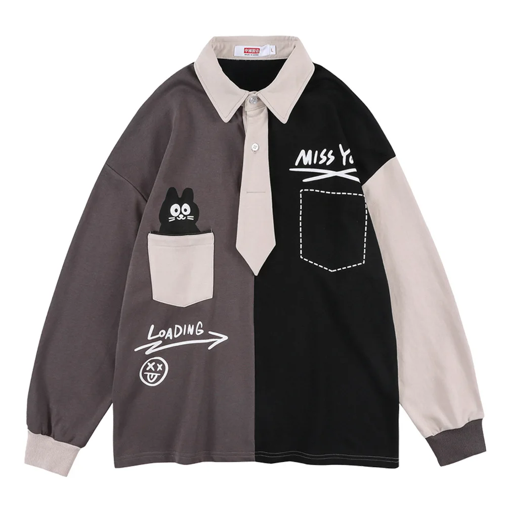 

Men's autumn and winter new style printed cartoon Japanese college style tie lapel student color matching hoodies