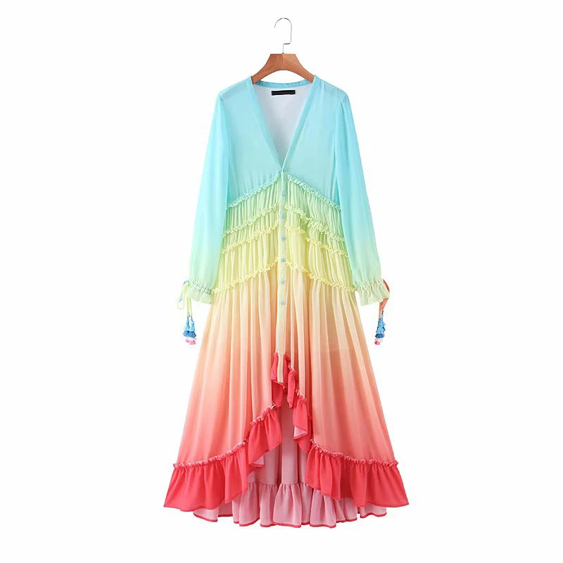 

Multicolor Gradient Print Long Maxi Dress Women V Neck Long Sleeve Ruffle Holiday Boho Beach Dress A-line Chiffon Summer Dress, As show