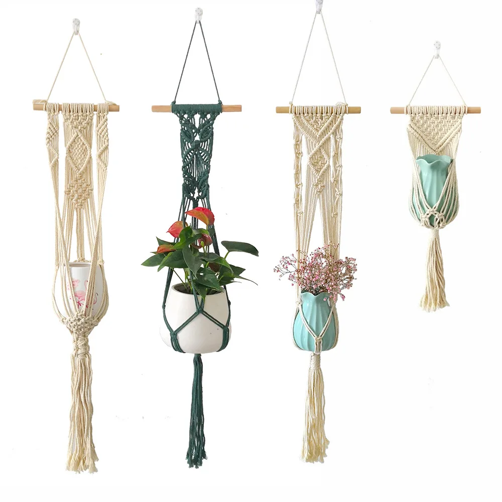 

Factory Bohemian style hand-woven cotton rope flower basket creative design plant net hanging basket, Natural