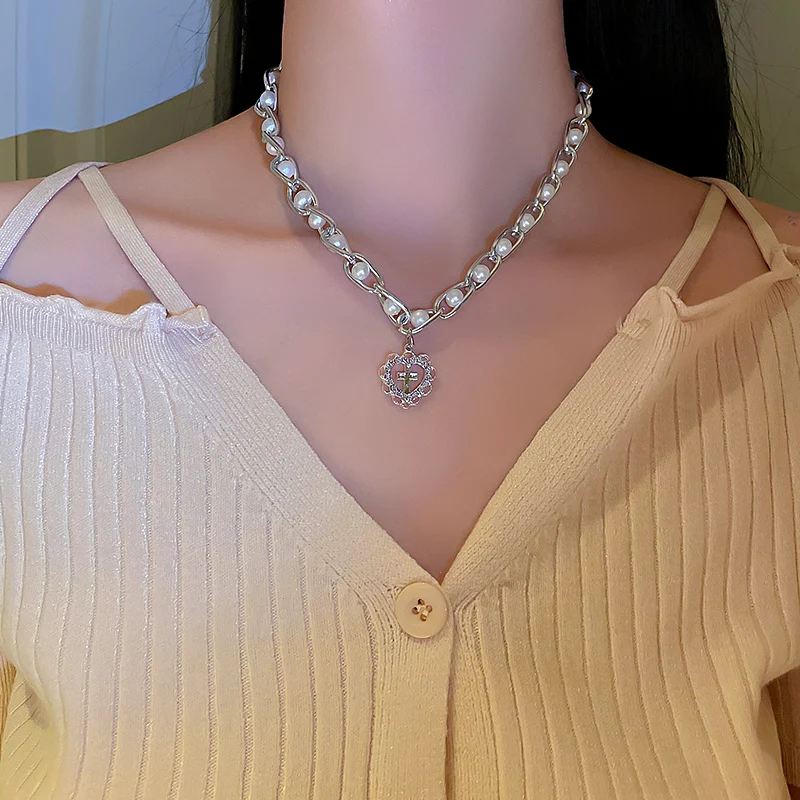 

trendy fashion women chain pearl necklace with cross pendent