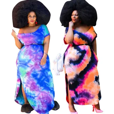 

20720-SW25 one shoulder split tie dye long plus size dresses women sehe fashion, 2 colors