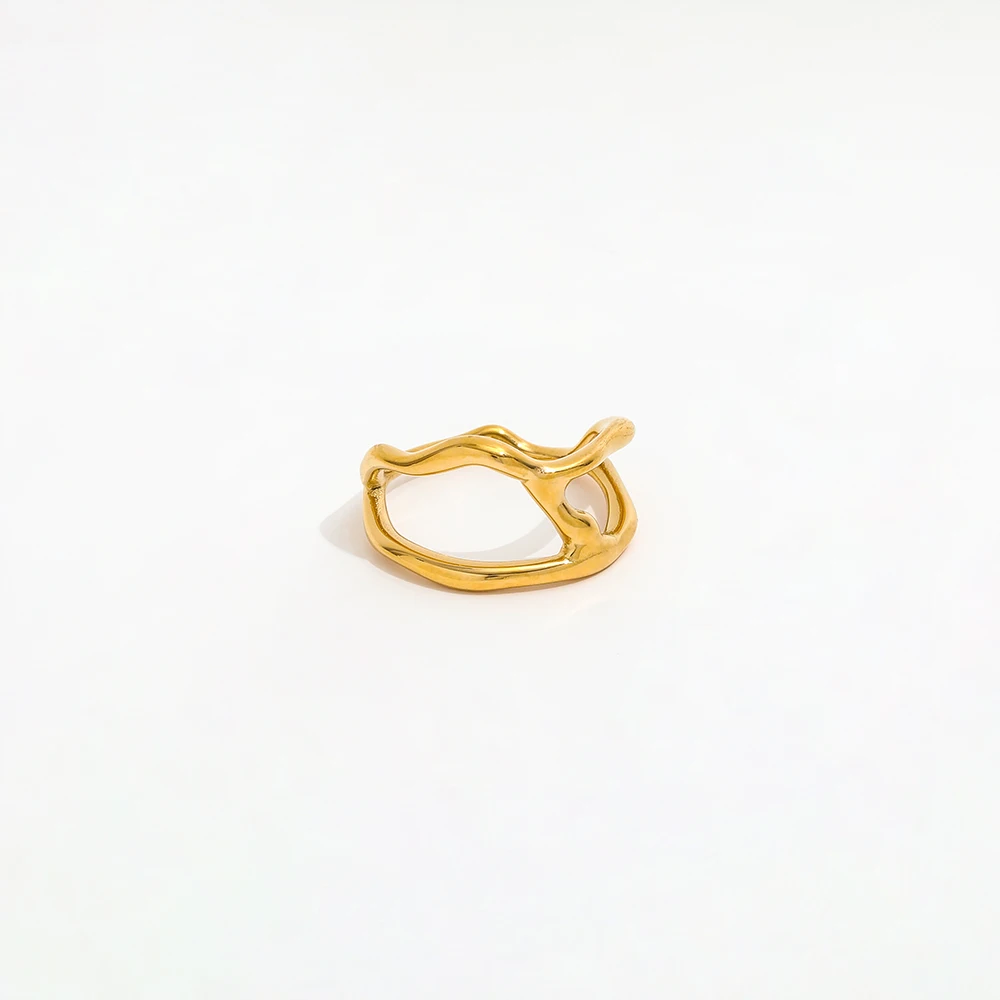 

Joolim High End 18K Gold Plated Stainless Steel Lines Fluid Abstract Irregular Open Rings for Women Finger Ring Wholesale