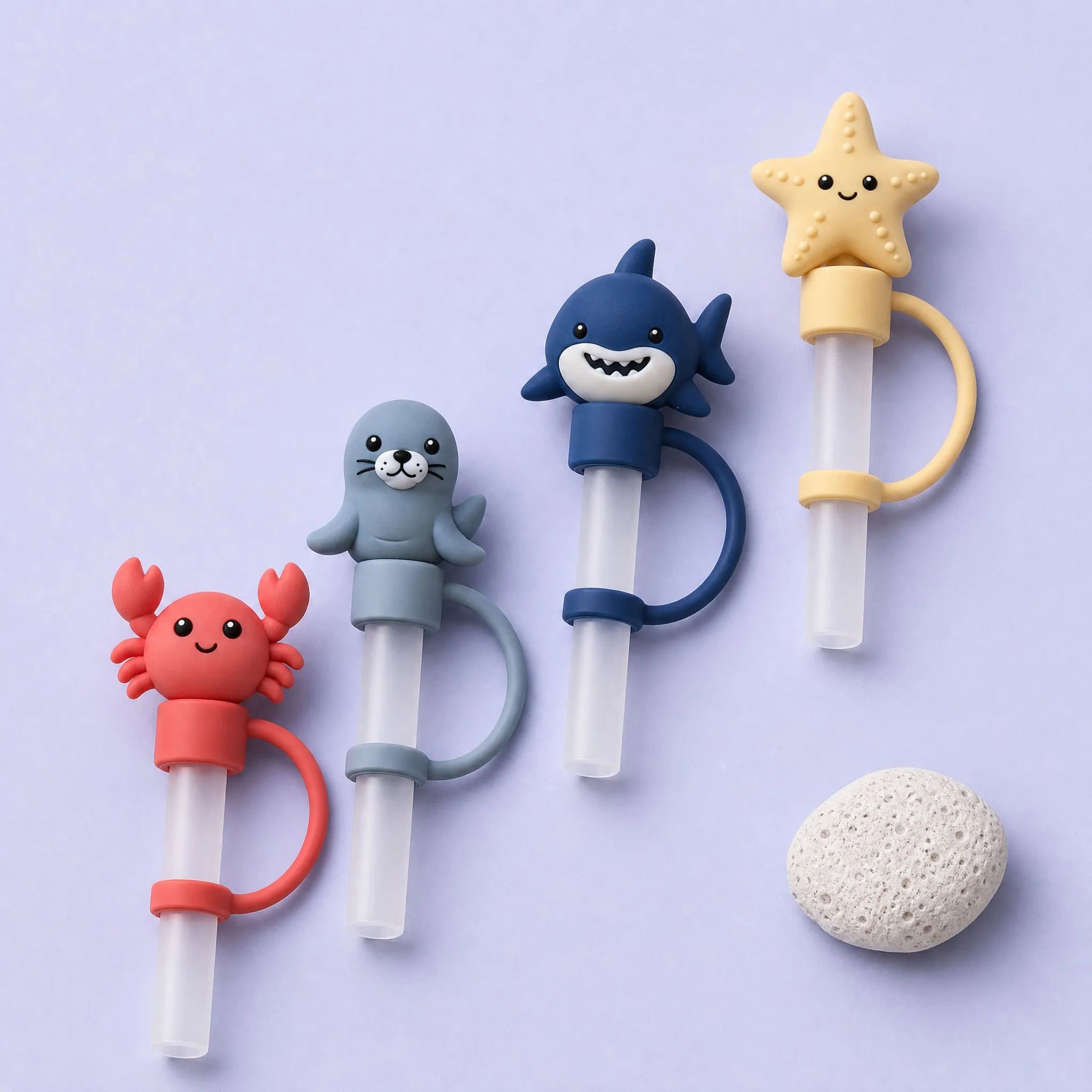 Crab, Seal, Shark and Starfish Straw Caps Close-up
