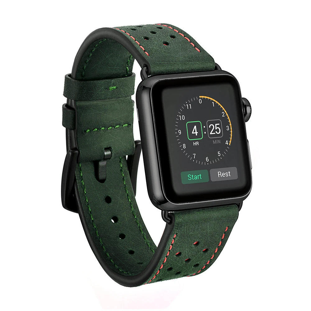 

Army Green Smart Wrist Mens Genuine Leather Watchband Strap For Apple Watch band Series 5 4 44mm 42mm, Multi color
