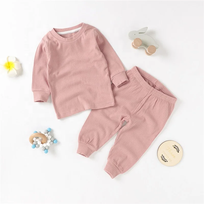 

Long Sleeve Autumn Winter Ribbed 2pc baby pajamas set cotton