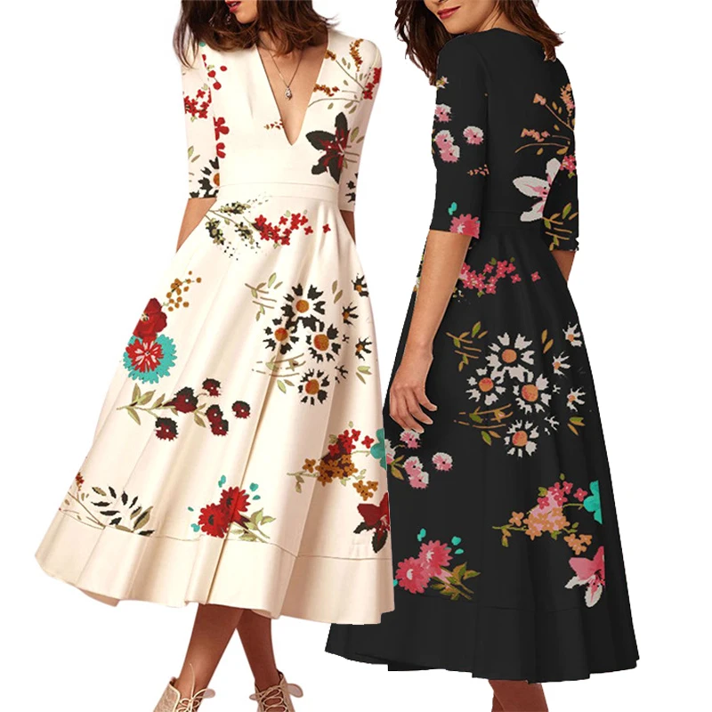 

2021 jersey dress v neck half sleeve bohemian dress floral print women summer dresses