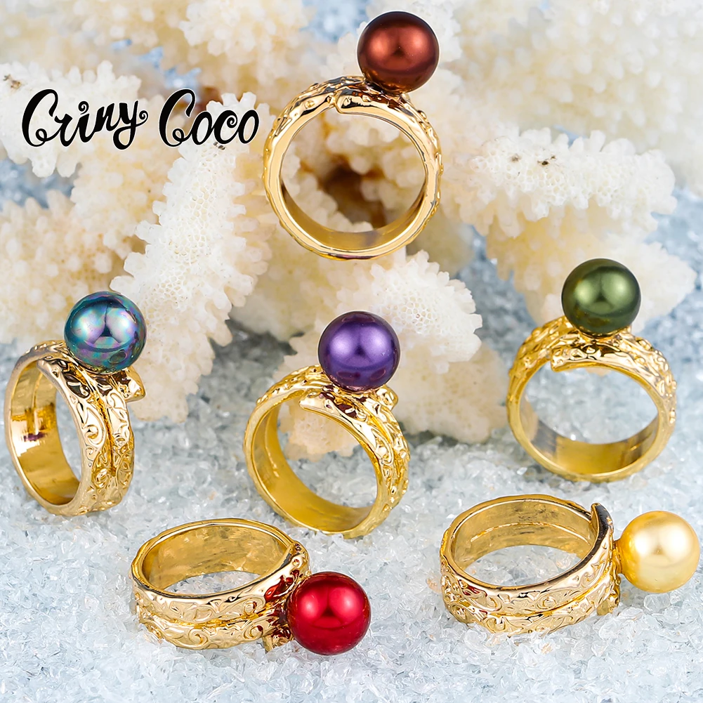 Cring CoCo Crystal Gold Plated Polynesian Green Red Black Pearl Pearl Enamel Large Jewelry Hawaiian Rings, Gold color