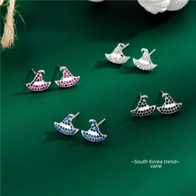 

S925 Sterling Silver Multi Color CZ Hat Earrings Geometric Crystal Zircon Magic Hat Stud Earrings For Women