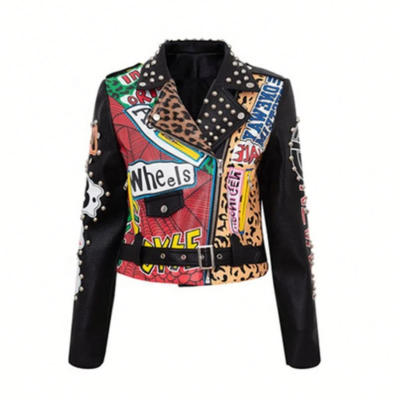 

VOOGUE New Fashion Chain Print Half-Open Collar Rivet Coat Jacket Slim Short Leather Women, Customized color
