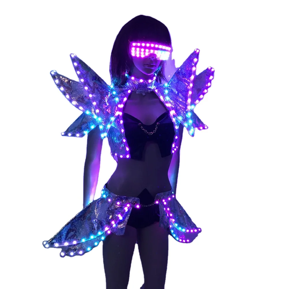 

Full Color LED Costumes Colorful light RGB Women Skirt DJ Bar Wears Led Ballroom Dance Bra Programming Sexy Dress