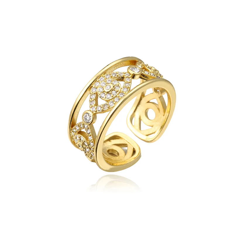 

2021 Sailing Jewelry Adjustable Real Gold Plated Rings CZ Hollow Evil Eyes Shape Rings Evil Eyes Zircon Rings, Gold/silver