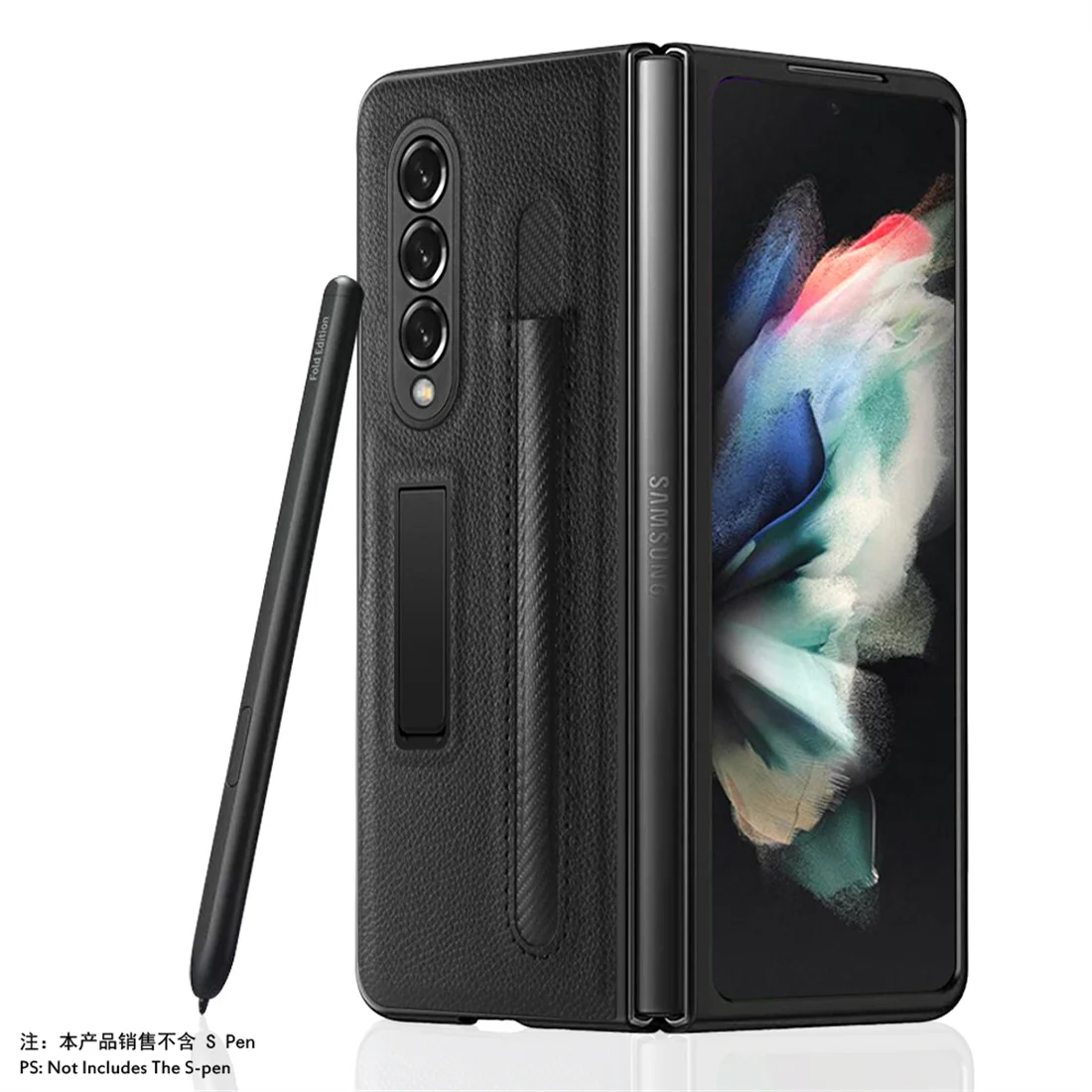 

Litchi Leather Stand Phone Case For Samsung Galaxy Z Fold 3 Shockproof Pen Suitcase Screen Protector Phone Cover