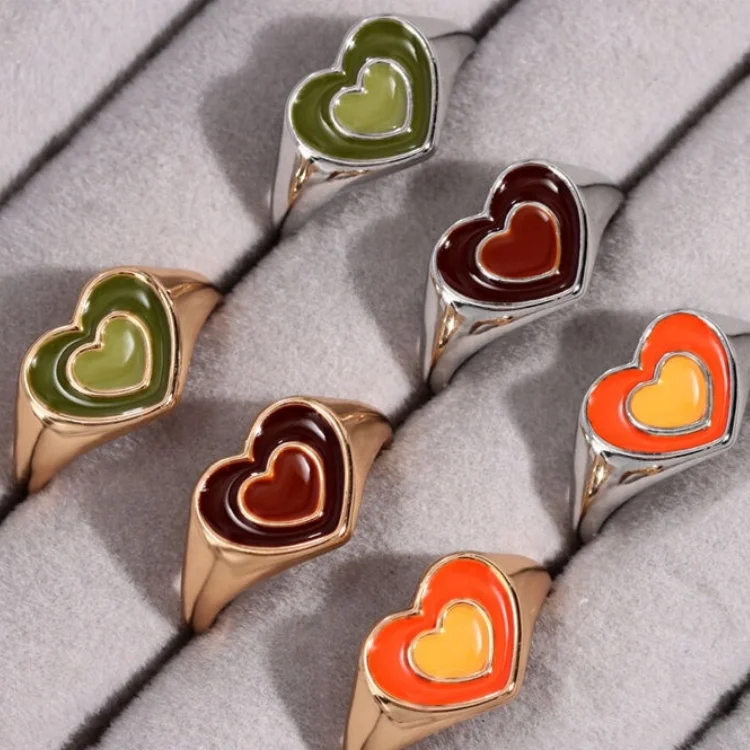 

Ins Colorful Stainless Steel Jewelry Korean Signet Ring Woman Accessories Fashion 18K Gold Plated Enamel Chunky Heart Rings, Gold/silver/rose gold