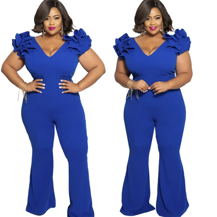 K2219 Fashion Solid Color Deep V-Neck Petal Short-Sleeved Tight Women Wide-Leg Large Size Jumpsuit