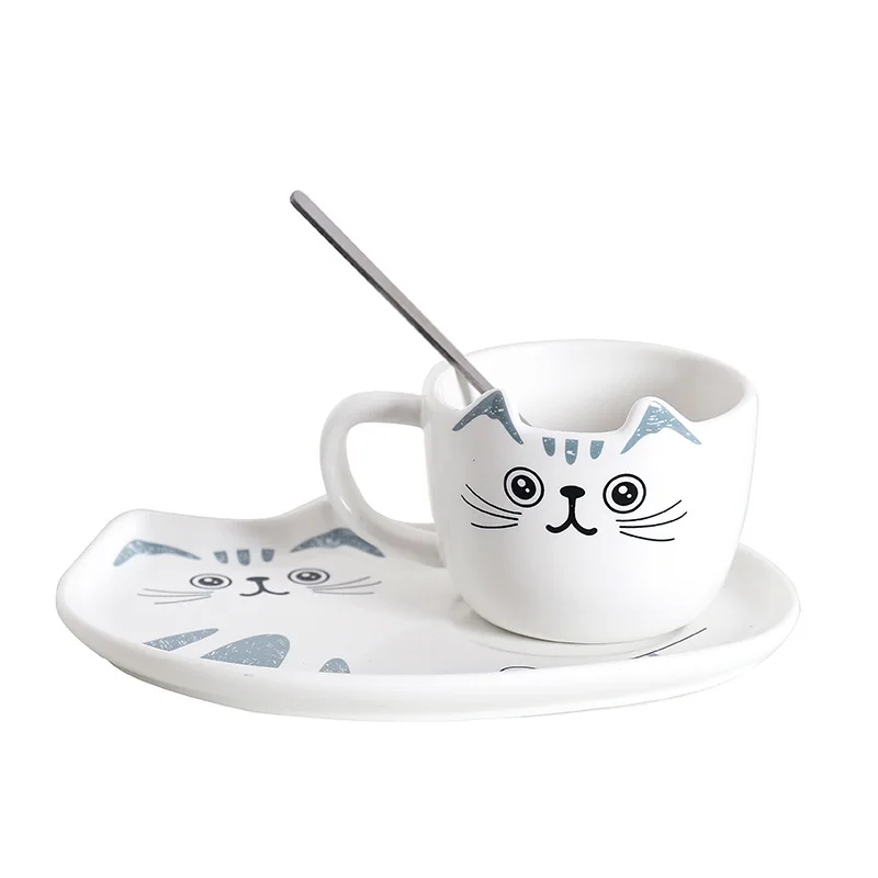 

Feiyou hot selling wholesale cute cartoon cat porcelain cup smiley face ceramic mug cup and saucer set porcelain, As the picture show