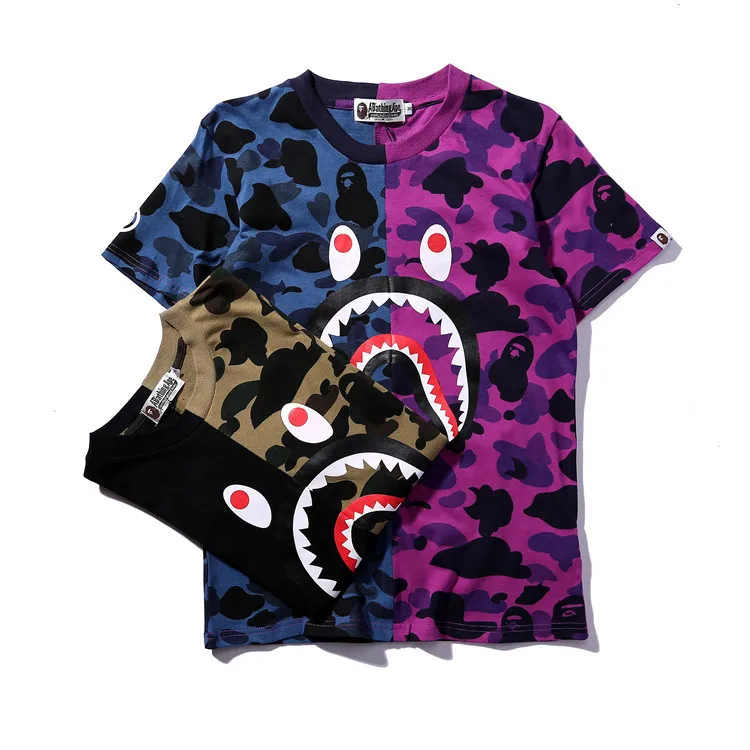 

New Fashion Men Camouflage Stitching Fashion Street Sports Casual Loose Short Sleeved Bape T-Shirt Men's Shirts
