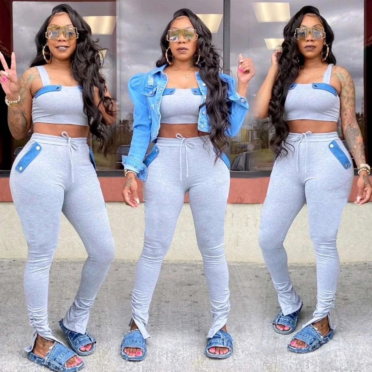 

Plus Size women Clothing 2021 Summer Women Stacked 2 Piece Pants Sets Outfits Ladies Denim Jean Pants Two Piece Pants Set