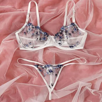 

2021 Women Sexy Embroidery Bra and Brief Set Underwear Floral Bra and Panties Girl Lingerie Thong Bikini Sexy Lingerie
