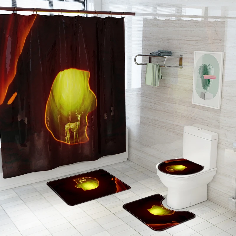 New Shower Curtain Lid Toilet Cover Bath Mat Rug with Hooks Bathroom Accessory Sets