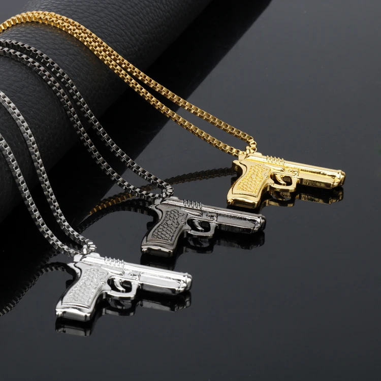 

2019 hot selling pistol necklaces gold silver metal gun necklace pendant Jewelry long chain necklace for men Collier Jewelry, Gold, silver, gun black