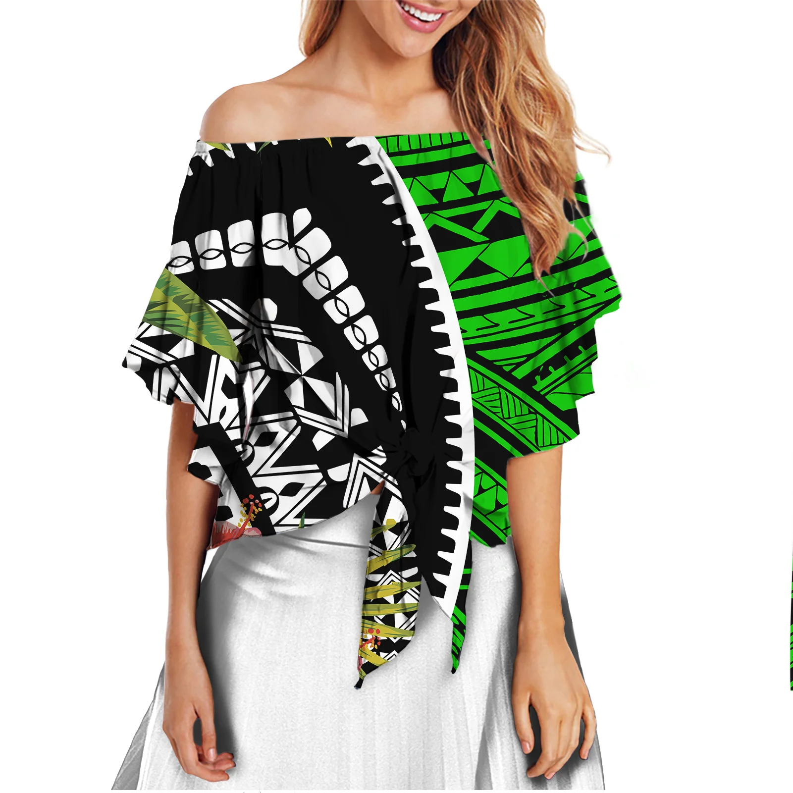 

Fashionable Hawaiian Plus Size Blouses Polynesian Stripe Printed Ladies' Casual Blouses Off Shoulder Women's Tops Chiffon Shirts