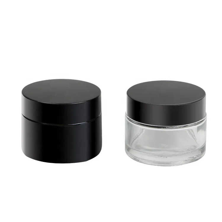 

wholesale 50g clear skin care glass cream jar round shape black body butter glass jar with lids