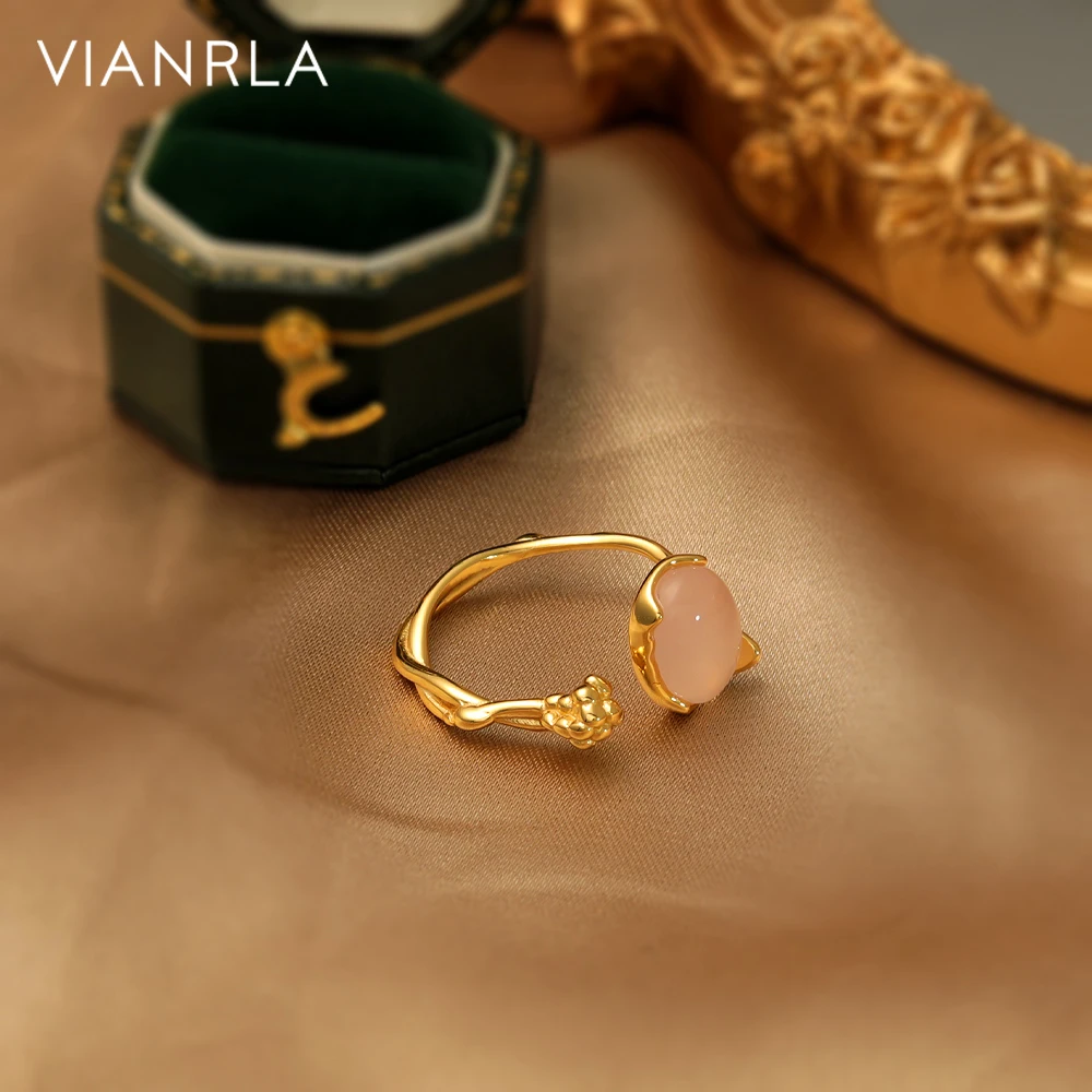 

VIANRLA natural stone open adjustable ring 925 sterling silver pink crystal ring