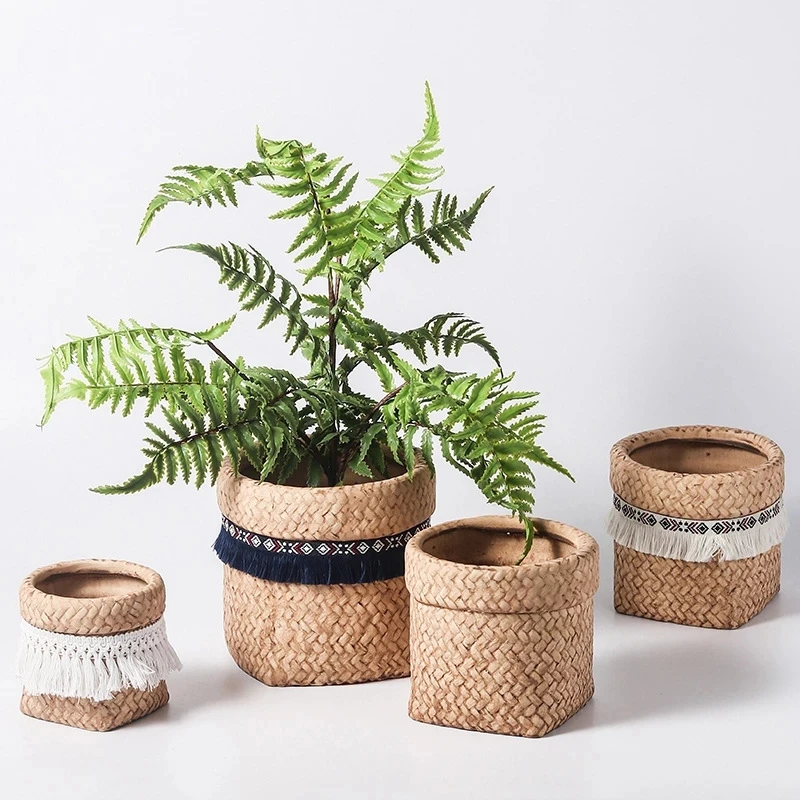 

Farmhouse Weave Pattern Ceramic Flowerpot Small Pots for Succulents Planter Pot De Plantse Tassel Bag Shape Flower Pot With Hole, Any pms colour is accepted