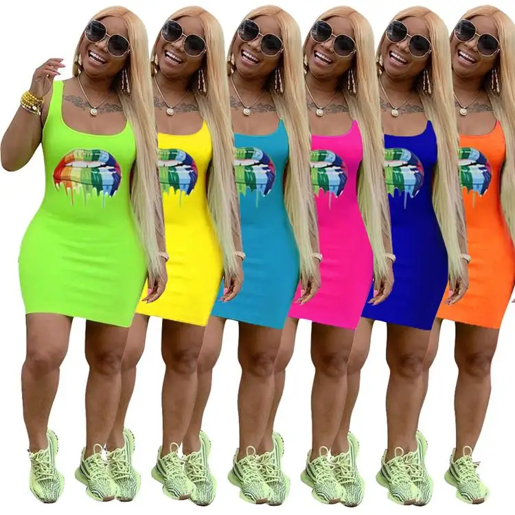 

Fashion Neon Sleeveless Women Stylish Casual Dress Lip Print Dresses Club Dress For Woman, Customized color