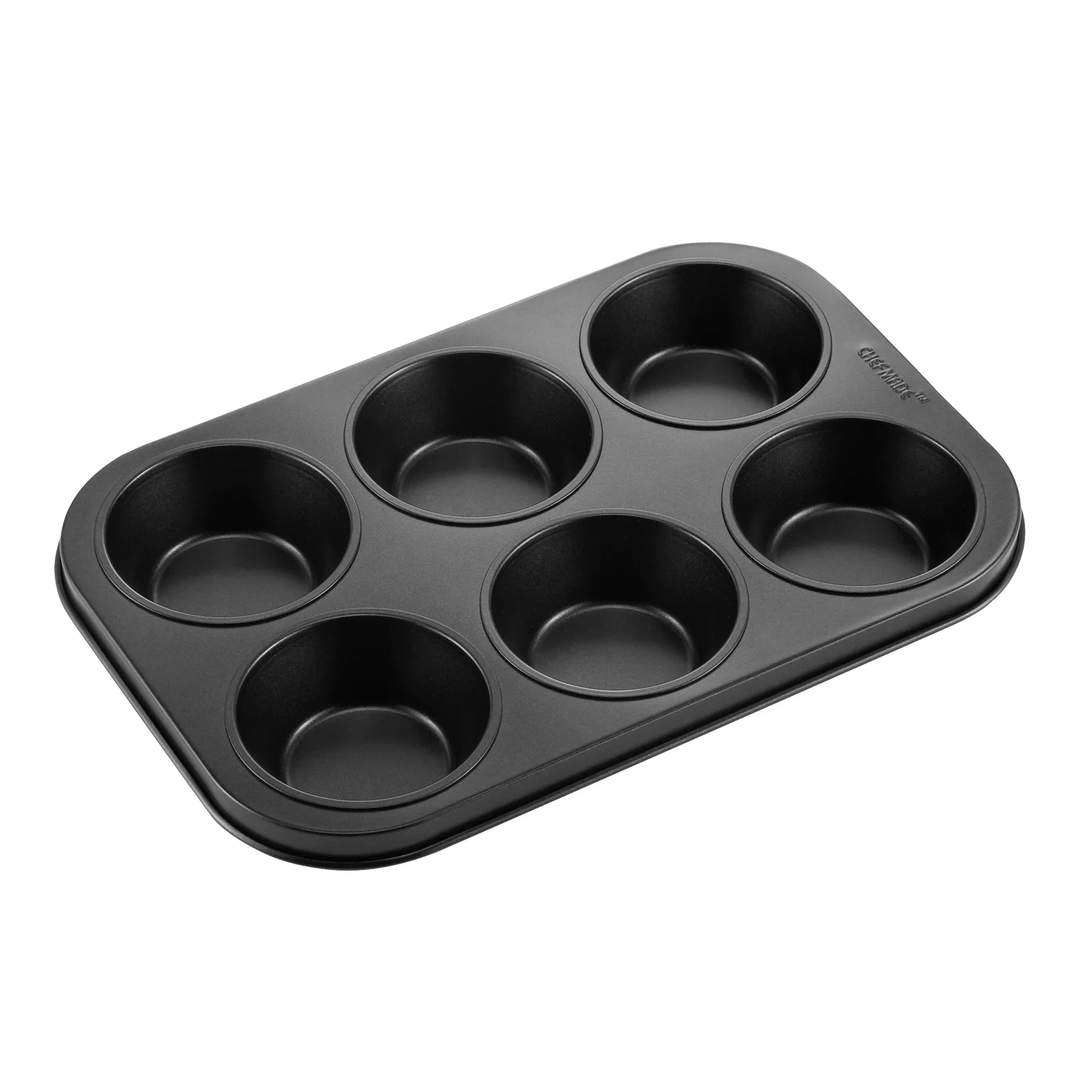 

CHEFMADE Logo Branded 6 Cup Carbon Steel Non Stick Bakeware Tray Jumbo Baking Dish Muffin Pan, Black