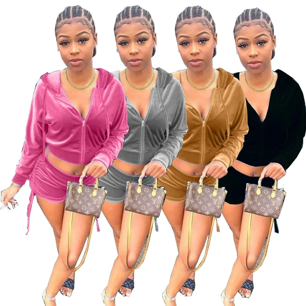 

D9039 Ready to ship long sleeve velvet solid hoodie shorts set pleated custom logo casual 2 piece short set women, As picture or customized make