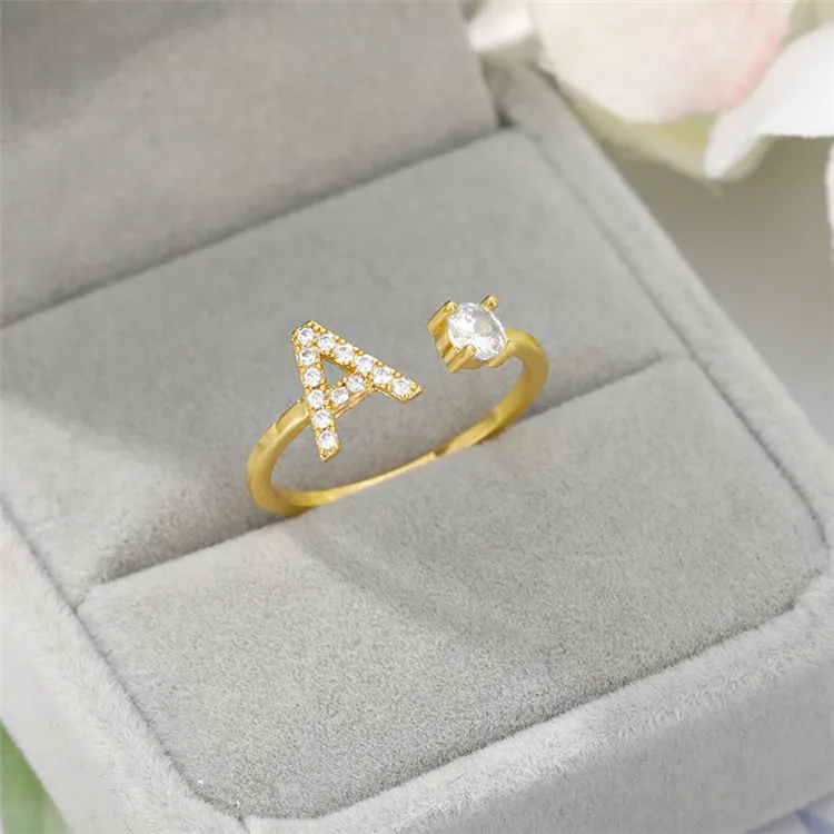 

Women Adjustable Rhinestone A - Z Letters Initial Name Stackable Stainless Steel Zircon Gold Letter Ring Alphabet Rings