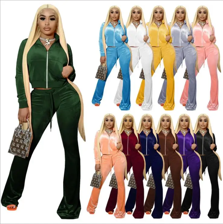 

XS Cropped Jacket 2021 Women Suit Two Piece Sets Flare Pants Low Cut Long Sleeve Velour Tracksuit Leggings 2 Piece Set For Girls