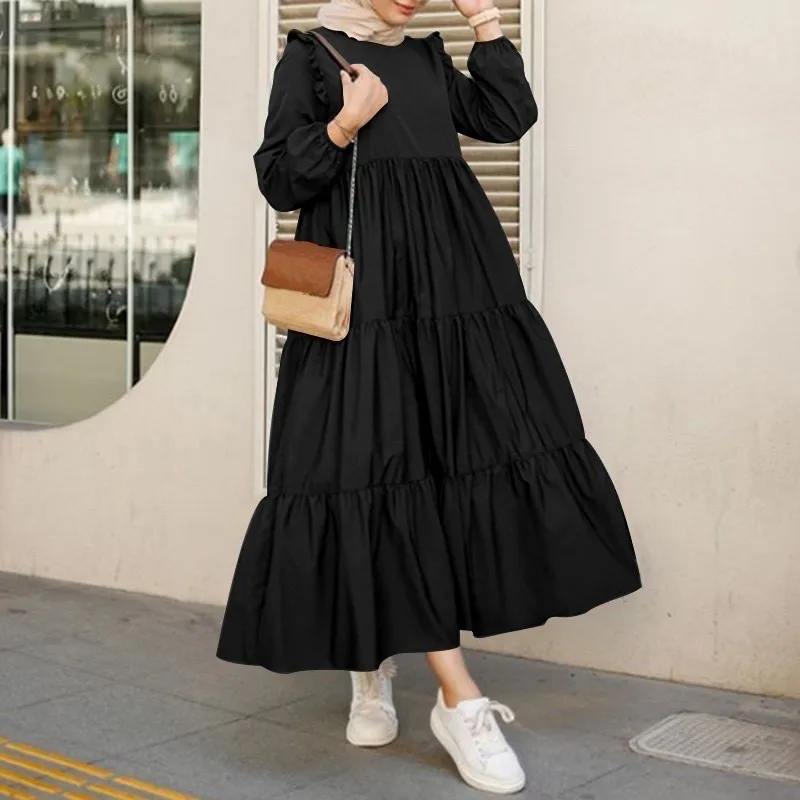 

Turkish Islamic Clothing Casual Crew Neck Long Sleeve Women Abaya Muslim Dress