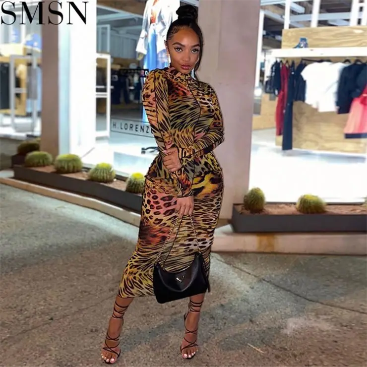 

New Style Long Sleeve Stylish Sexy Dress Lady Leopard Print Dress Maxi Dresses Women