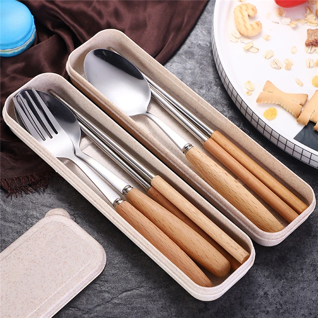 

Beech Wooden Handle Cutlery Set Gift Cutlery Box Three-piece Set Kitchen Accessories, As show