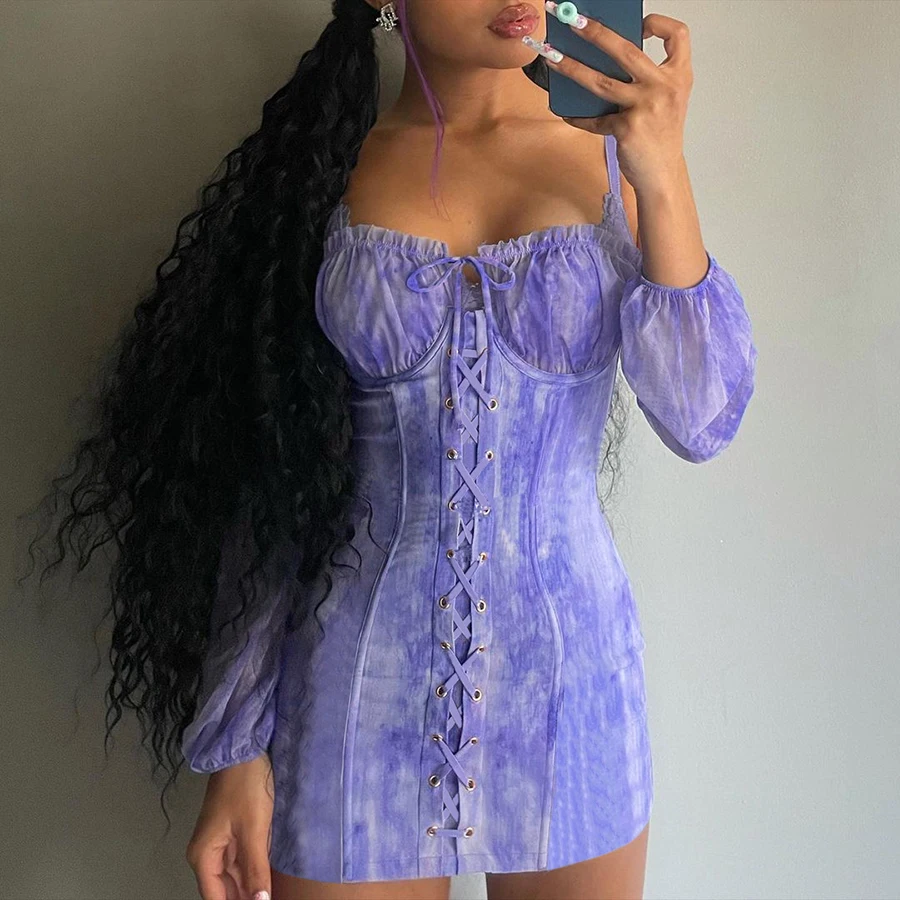 

2021 Summer Clothing Fashion Tie Dyed Bandage Half Sleeve Bodycon Dress Party Street Skinny Women Dresses