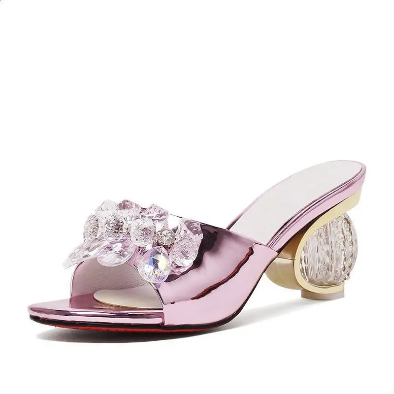 

italian mid heel glossy women wedge heel shoes Beautiful gem crystal clear slide luxury soft slipper