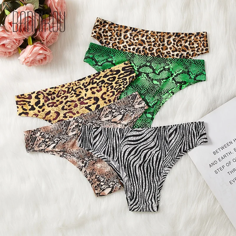 

Fashion Printed One Piece Seamless Panties Ice silk Women's Underwear T-back Sexy Thongs Ladies, Leopard,yellow leopard,zebra,snake,green snake