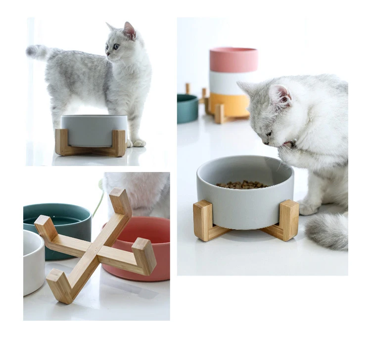 
Manufacturer wholesale multi colors ceramic pet cat dog bowl with wooden frame 